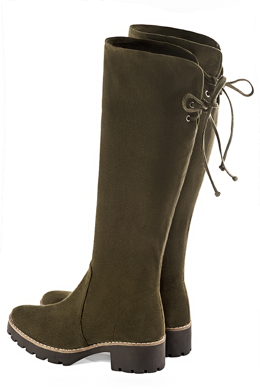 Khaki green women's knee-high boots, with laces at the back. Round toe. Low rubber soles. Made to measure. Rear view - Florence KOOIJMAN